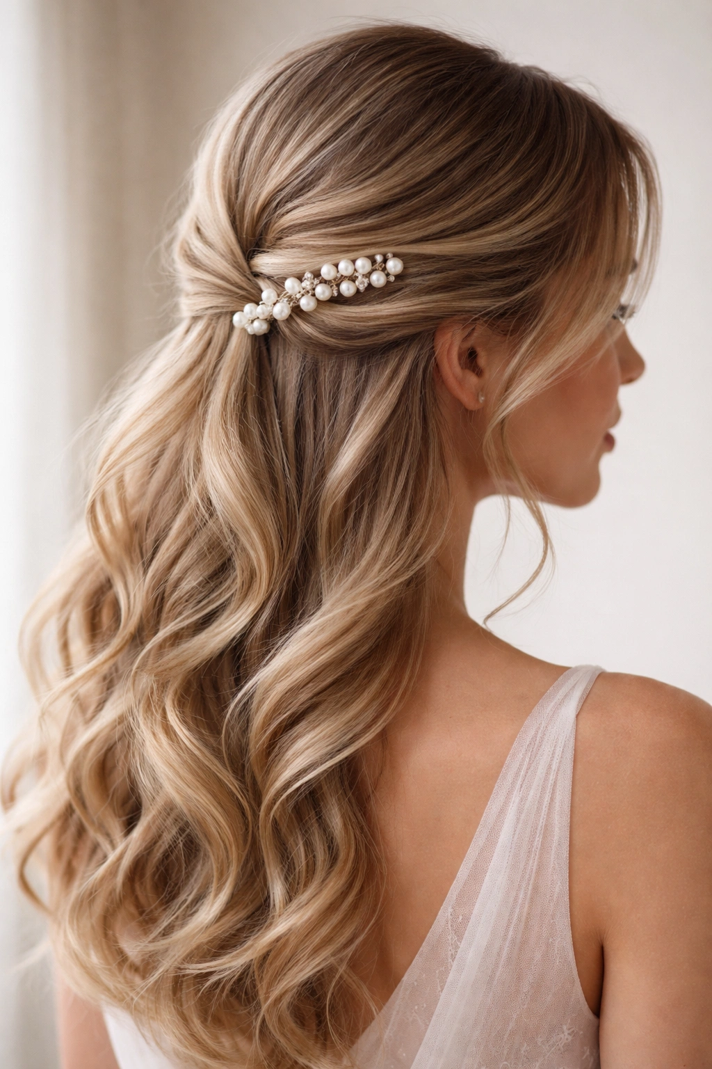 Low half-up hairstyle with a side pearl sweep and pearl pins.