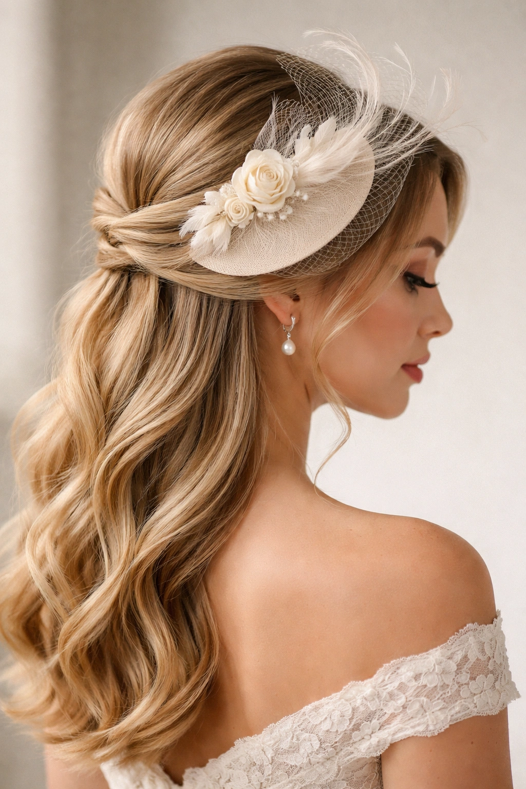 Low half-up hairstyle with a side-swept fascinator positioned near the ear