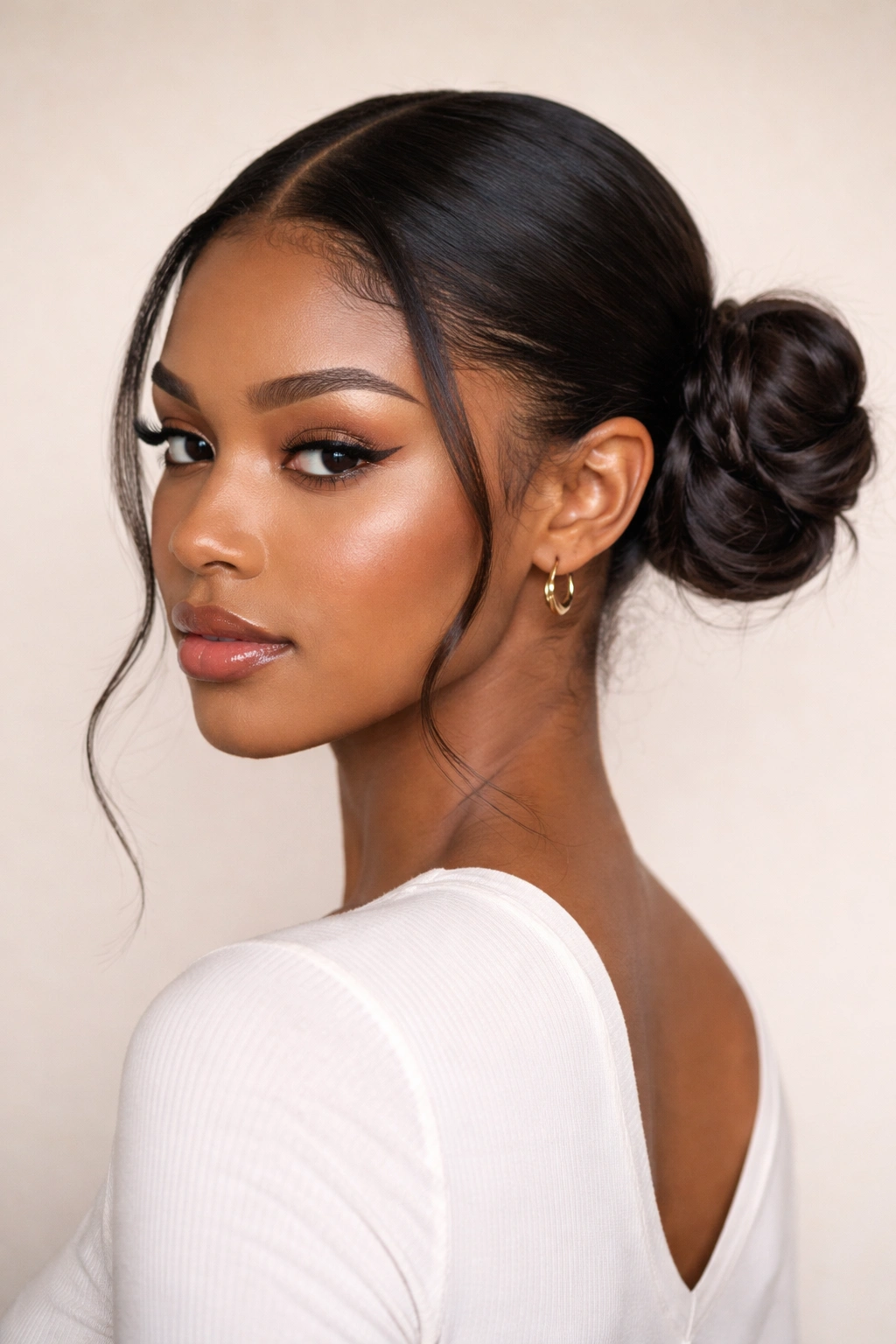 Close-up of low half-up space buns on the crown creating elongated lines