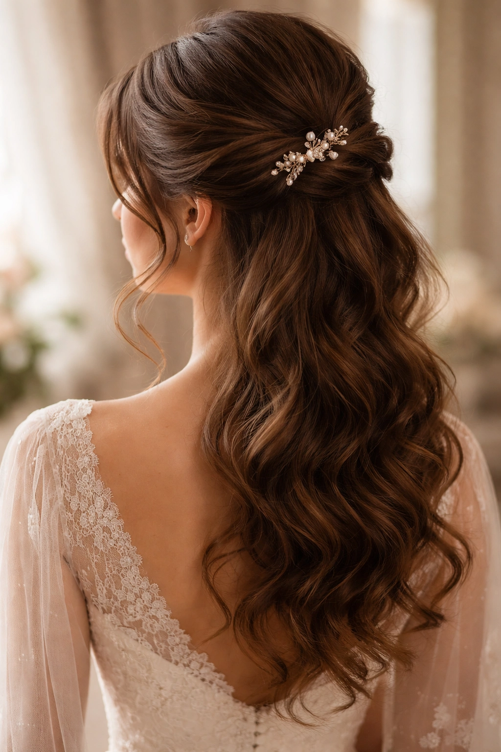 Low Vintage Half-Up with Cascading Tendrils hairstyle with tendrils framing the face