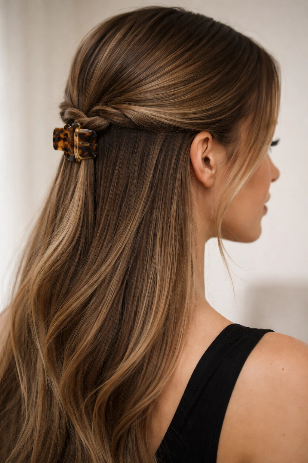 Close-up of a sleek low half-up hairstyle with a textured clipped section at the nape on straight hair