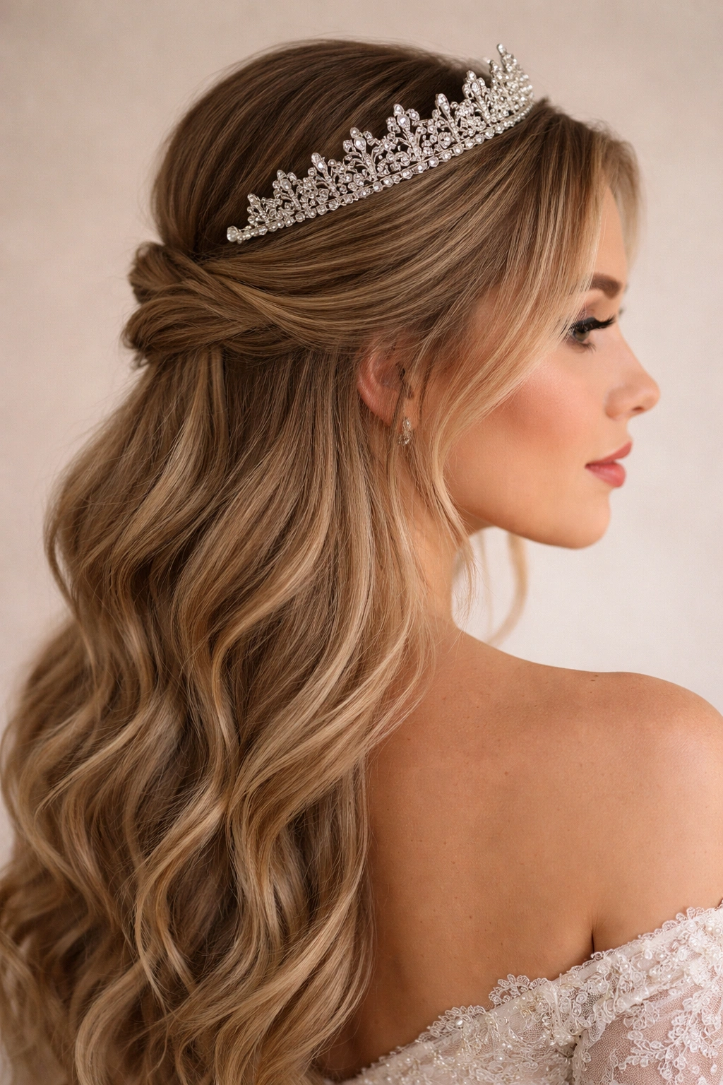 Close-up of low half-up twist with tiara crown on a model with soft lighting
