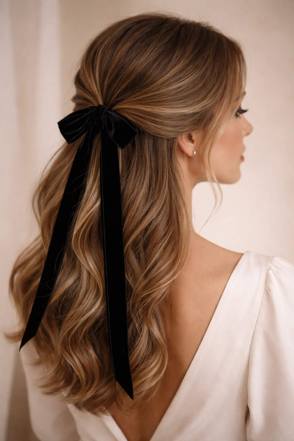 Close-up of low half-up hairstyle with velvet ribbon woven through