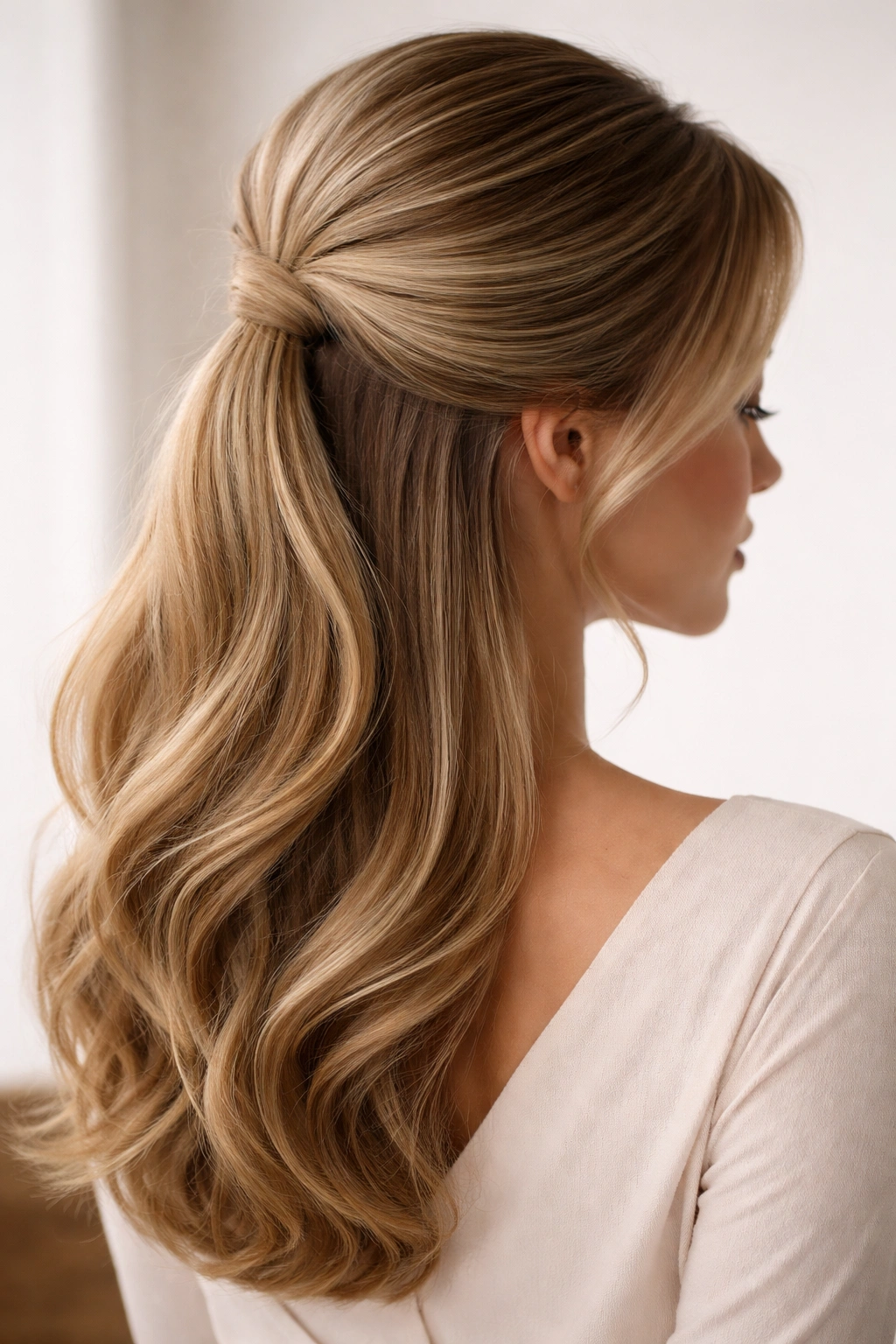 Low half-up hairstyle at nape with teased volume and loose ends