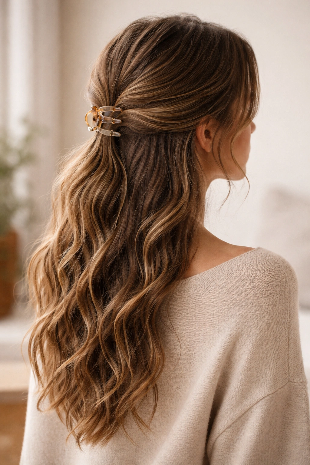 Low half-up hairstyle with clip at nape and visible waves