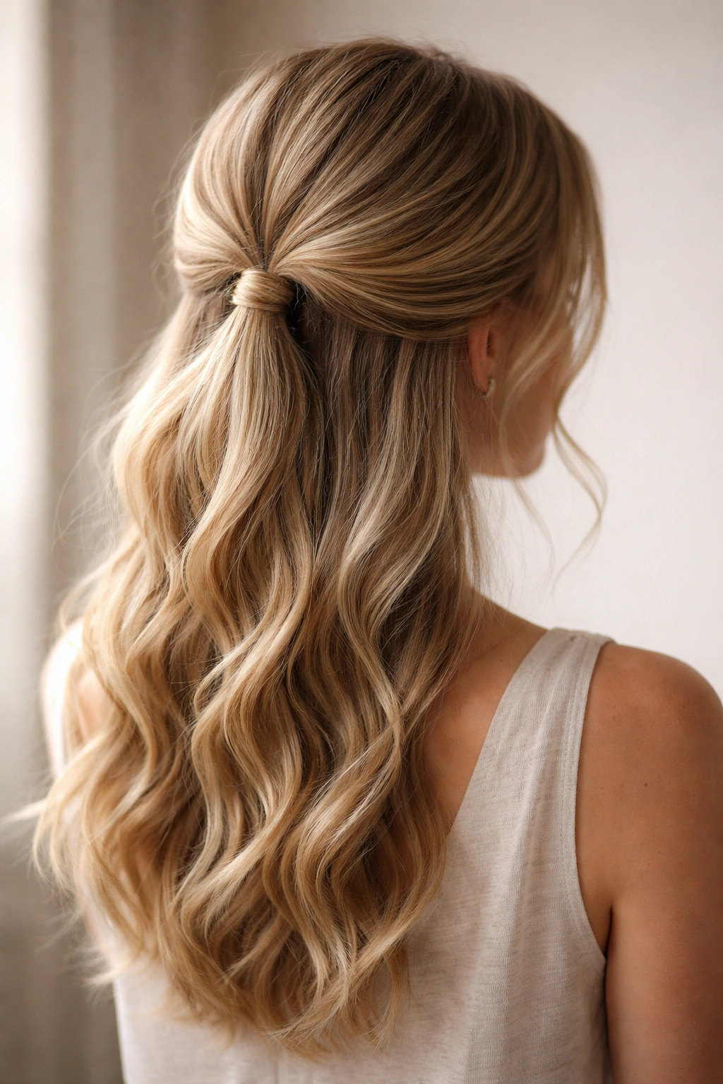 Low half up hairstyle with soft waves and crown volume