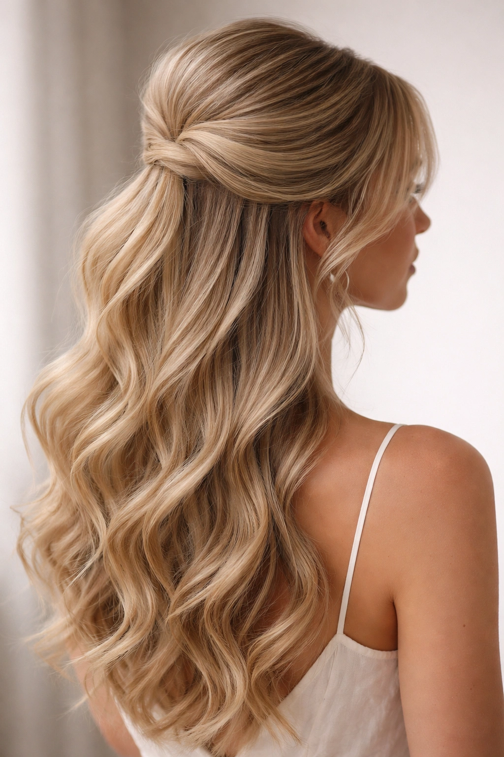 Low half-up hairstyle with volume at the crown and flowing curls