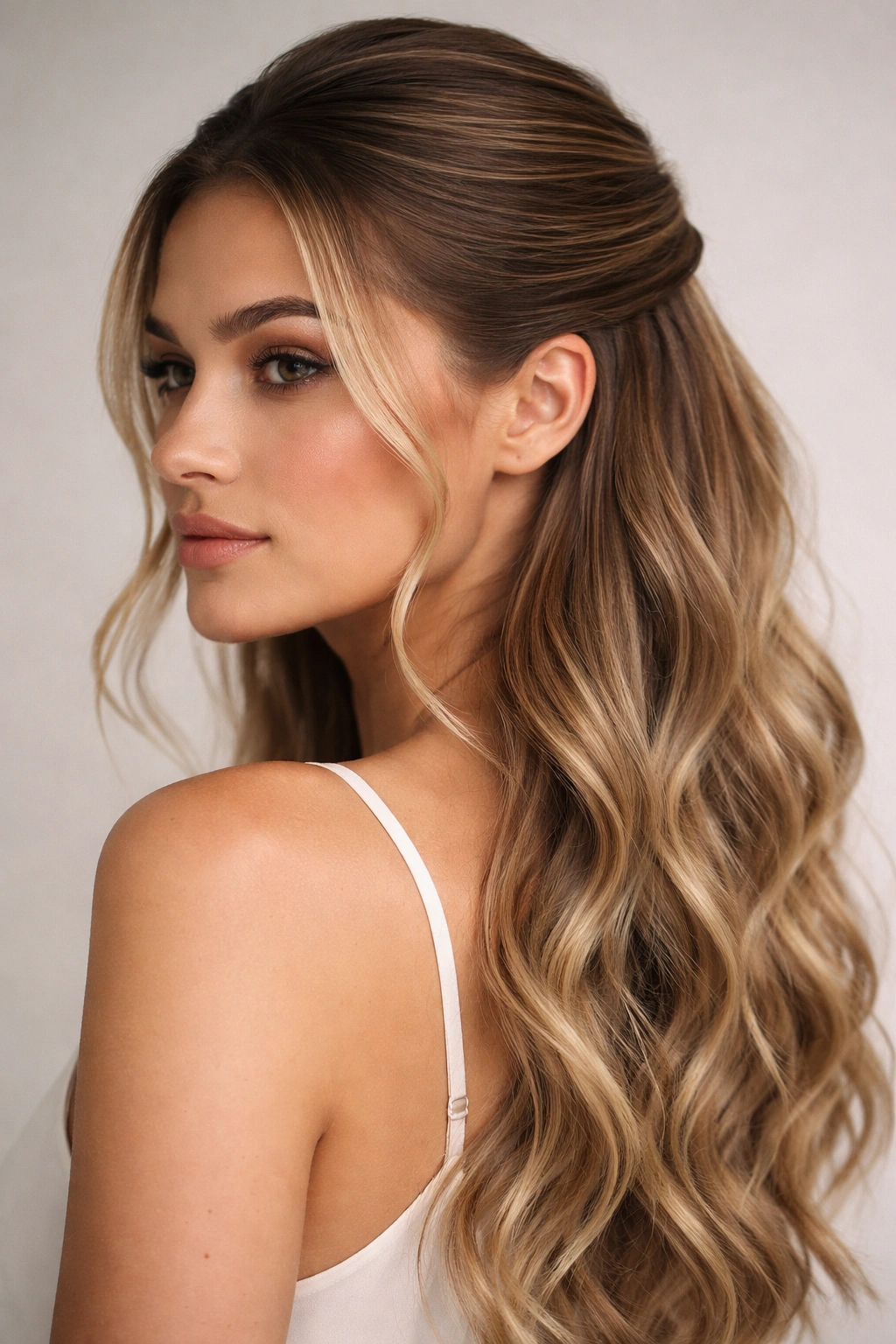 Close-up of a low-position half-up with a long sleek top and flowing waves