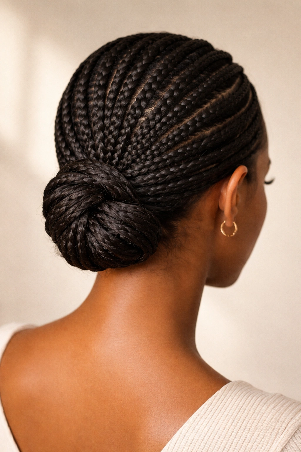 Close-up back view of a braided low knot at the nape