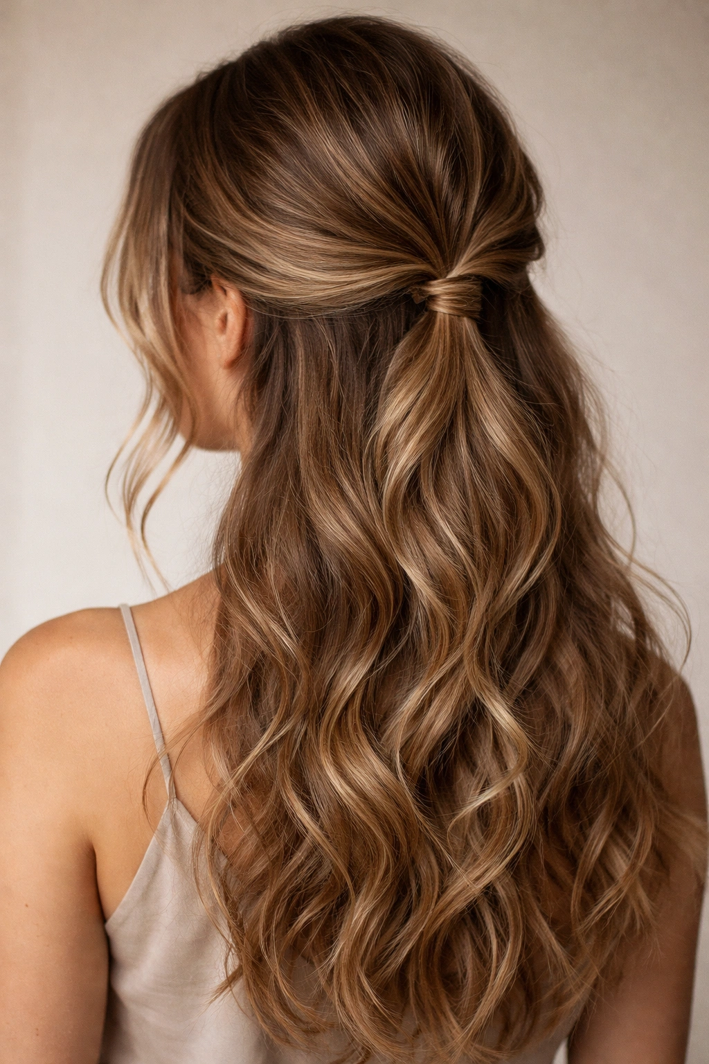 Back view of low loose half-up on wavy hair showing minimal tension at nape