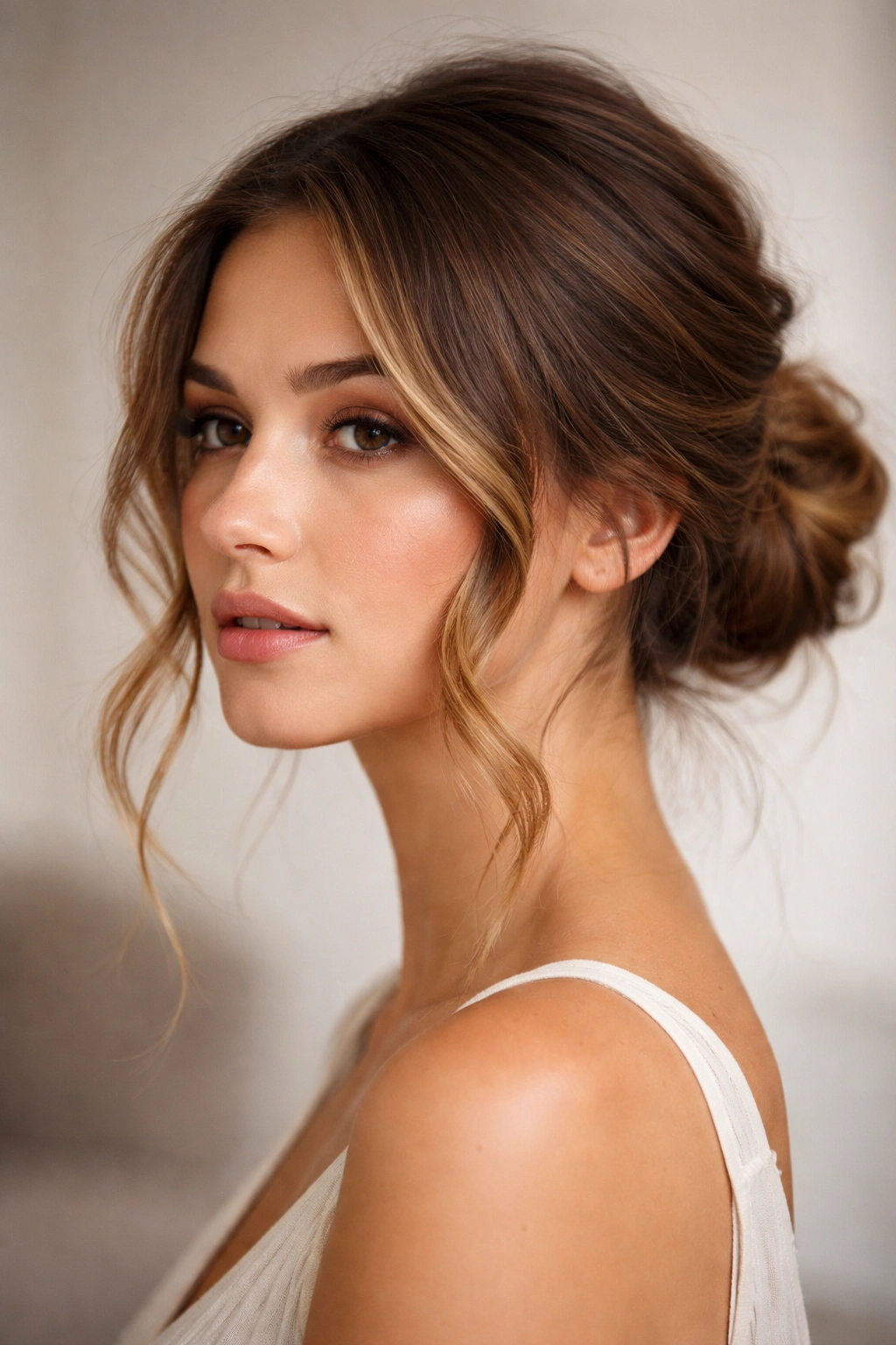 Low messy bun with face-framing waves on a wavy hairstyle