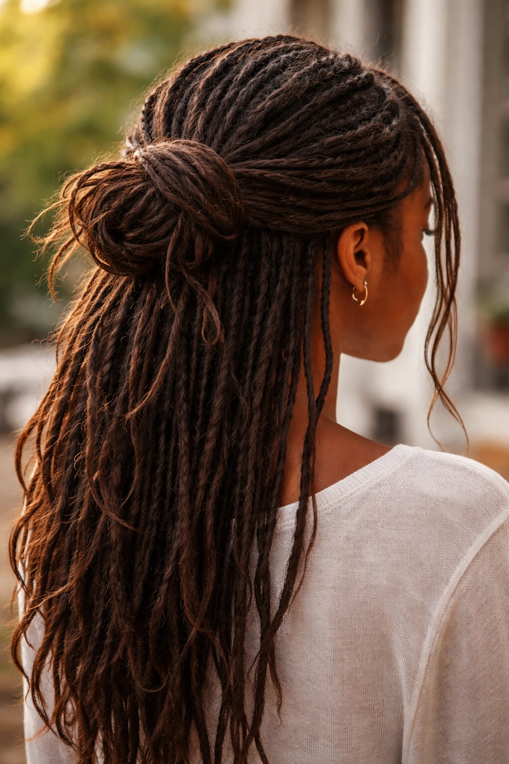 Low messy half-up bun with loose strands and textured finish
