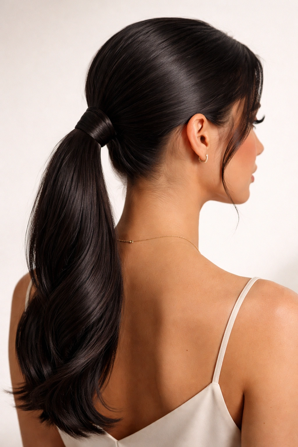 Sleek mid-weave low-midpoint pony at the nape with an elongated neck.