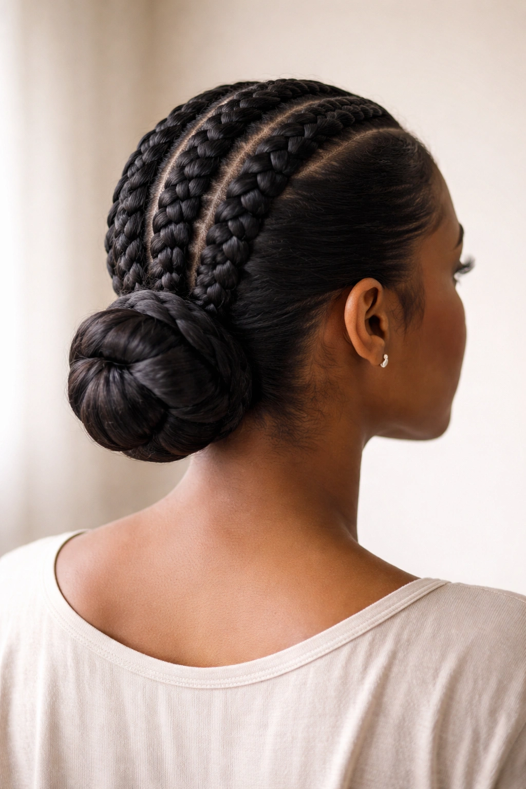 Low bun at nape formed from straight-down braids.