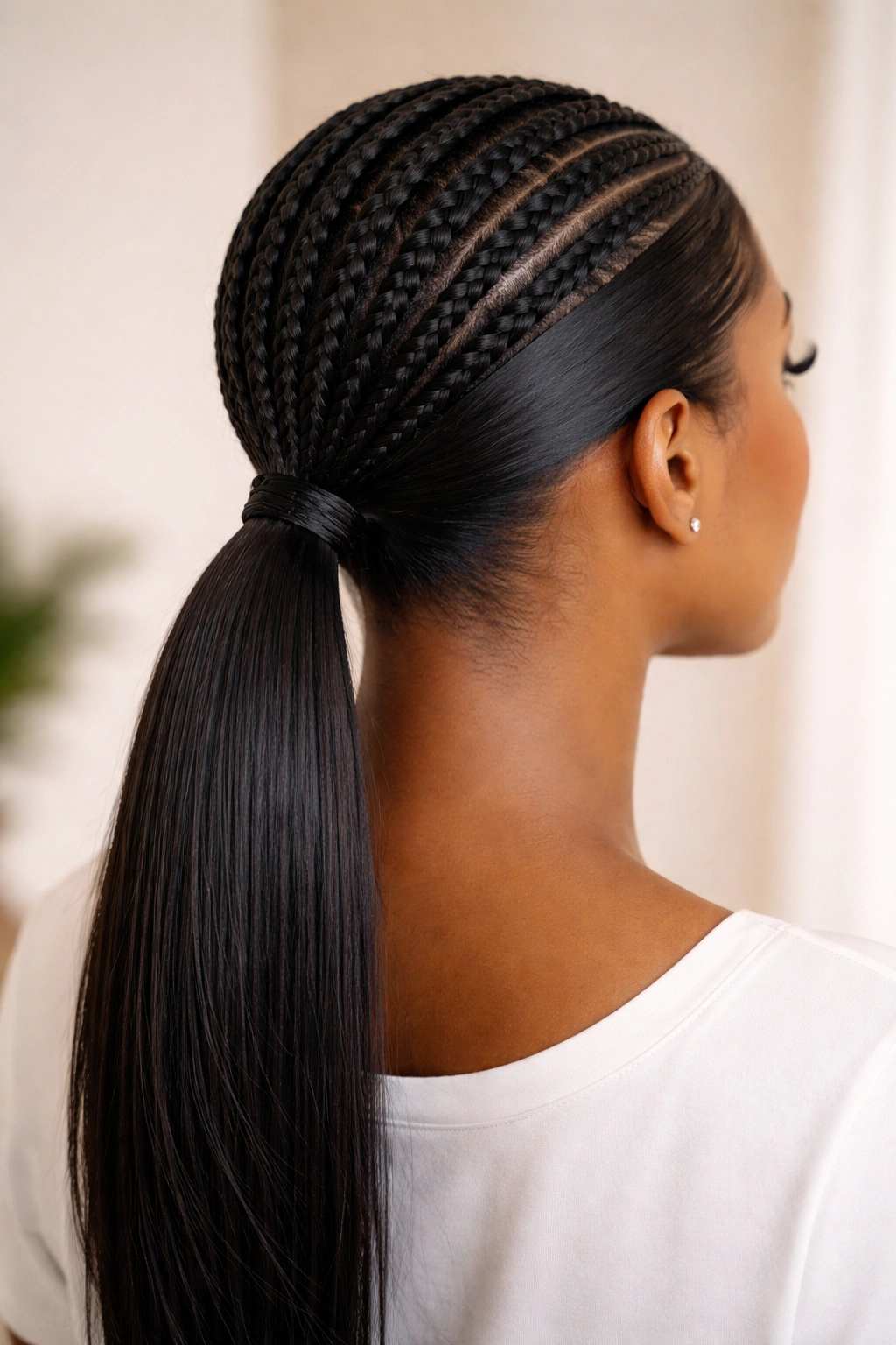 Low nape sleek ponytail with braided underside