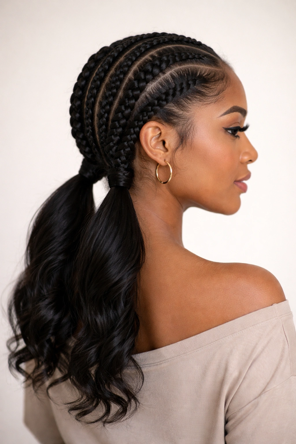 Back view shows two low pigtail cornrows meeting at the nape into ponytails
