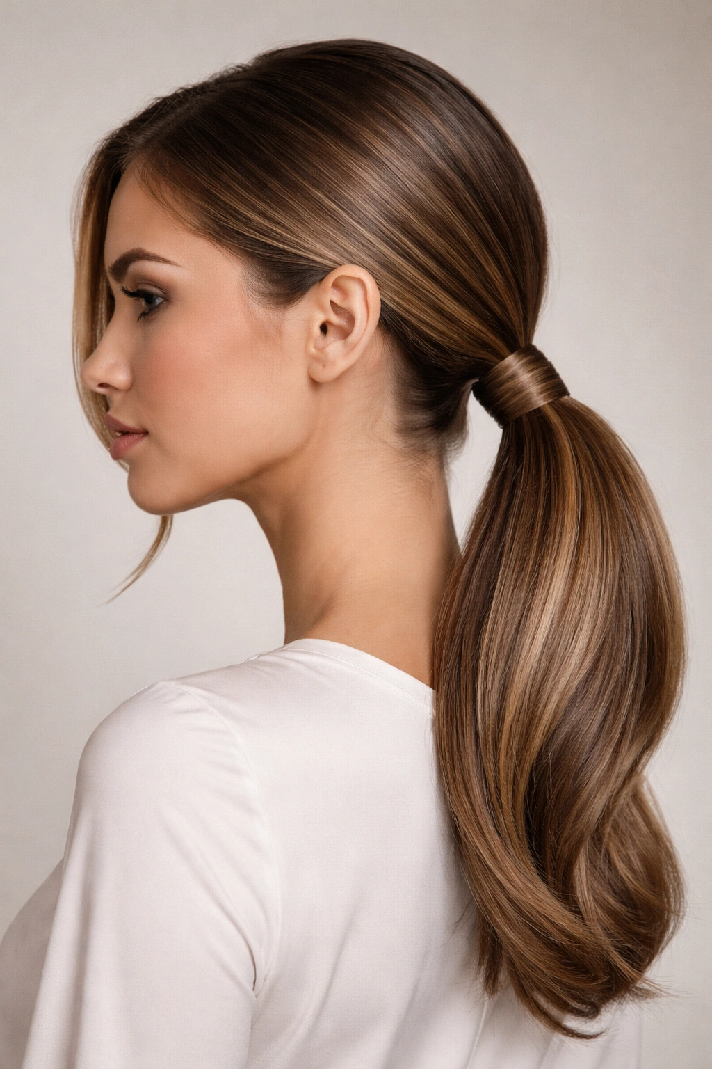 Low side ponytail at nape with wrap detail, sleek and polished