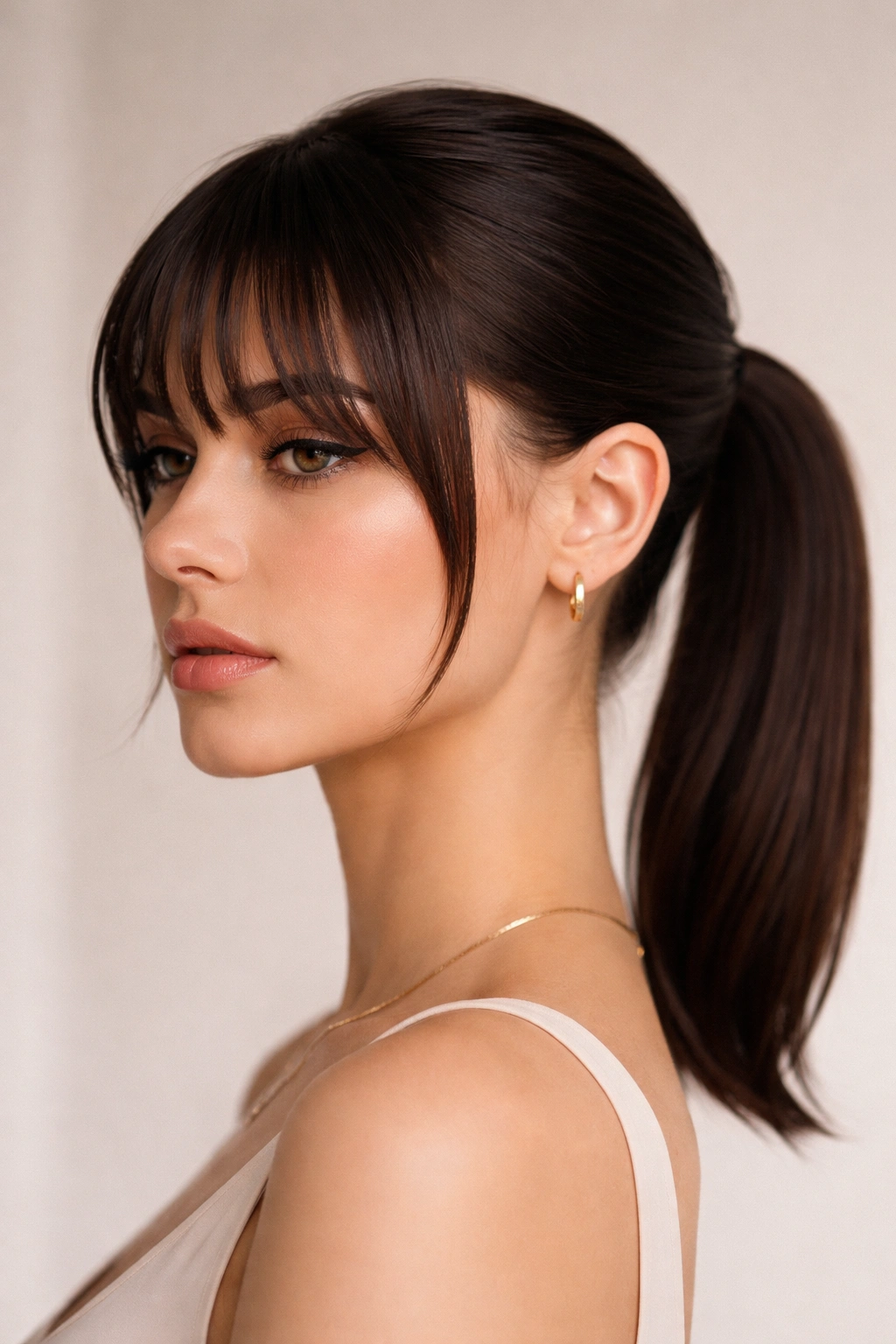Close-up portrait of a person with a sleek low pony and face-framing bangs