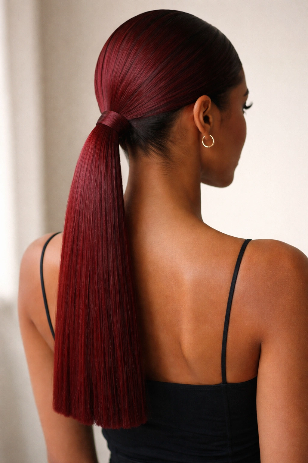 Low sleek red weave ponytail at nape with blunt ends.