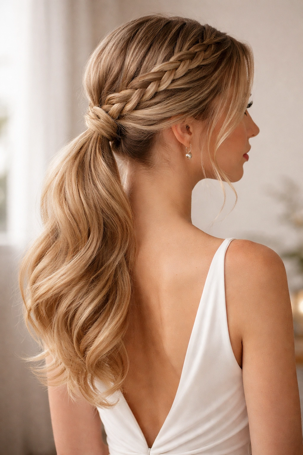 Low ponytail with a delicate braided crown across the top