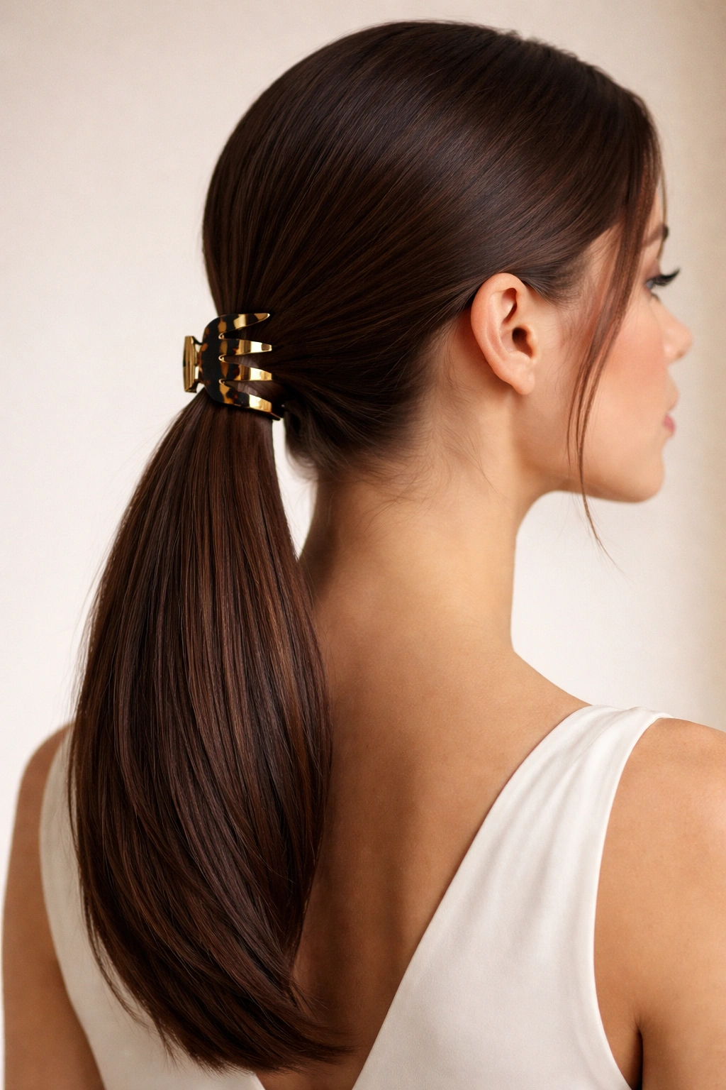 Close-up of a sleek low ponytail secured with a claw clip at the nape