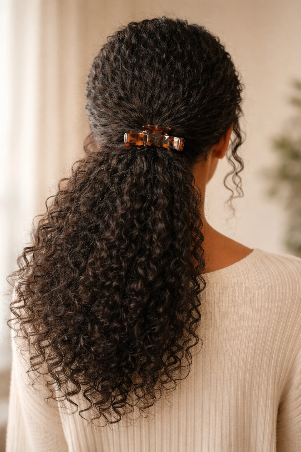 Back view of a low half-up ponytail with a visible claw clip at the nape