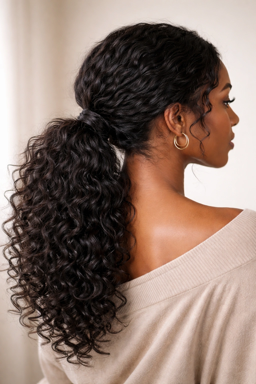Loose curly low ponytail at nape with natural texture