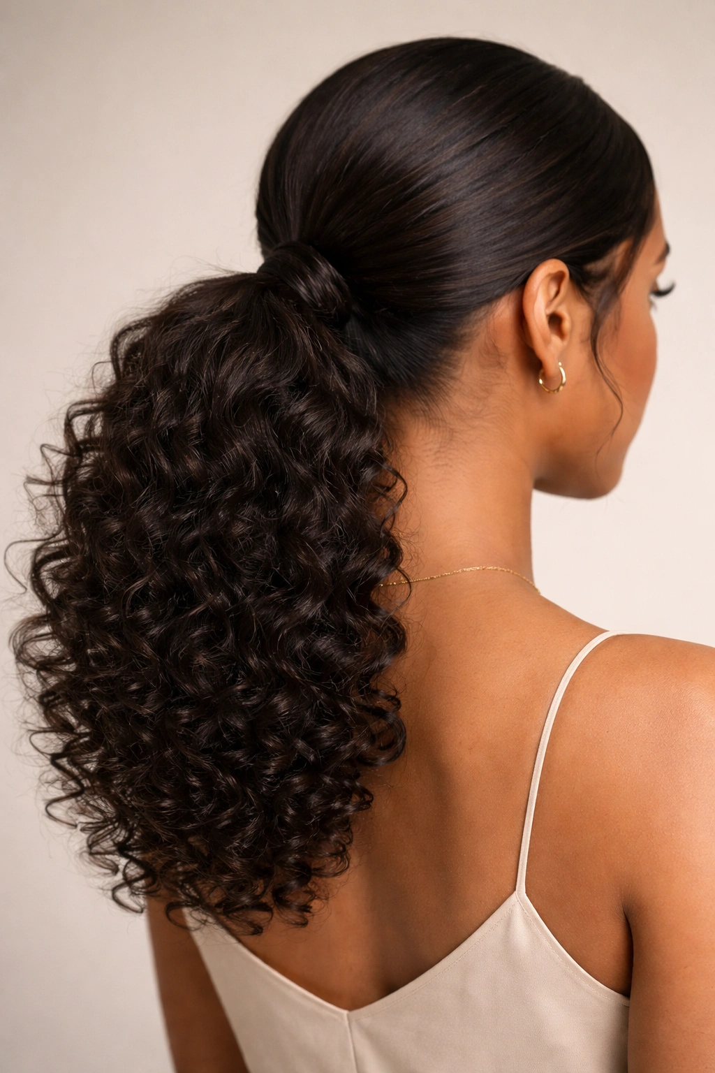 Close-up rear view of a low curly weave ponytail at the nape