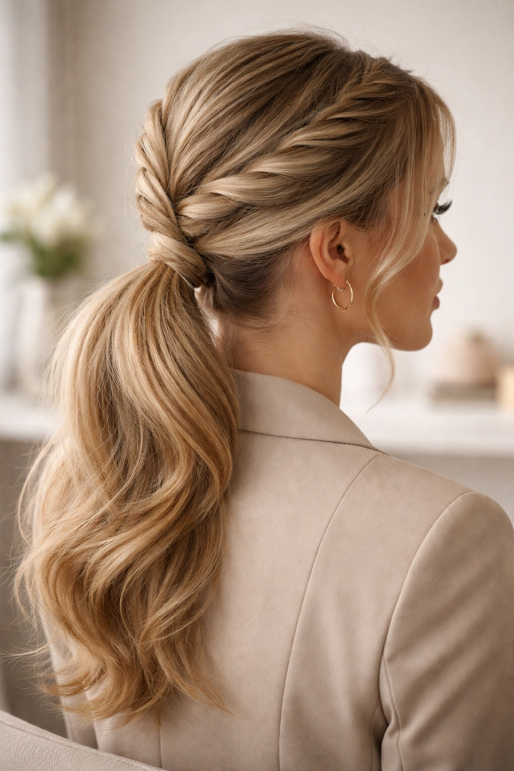 Low double weave ponytail with teased underside for fullness