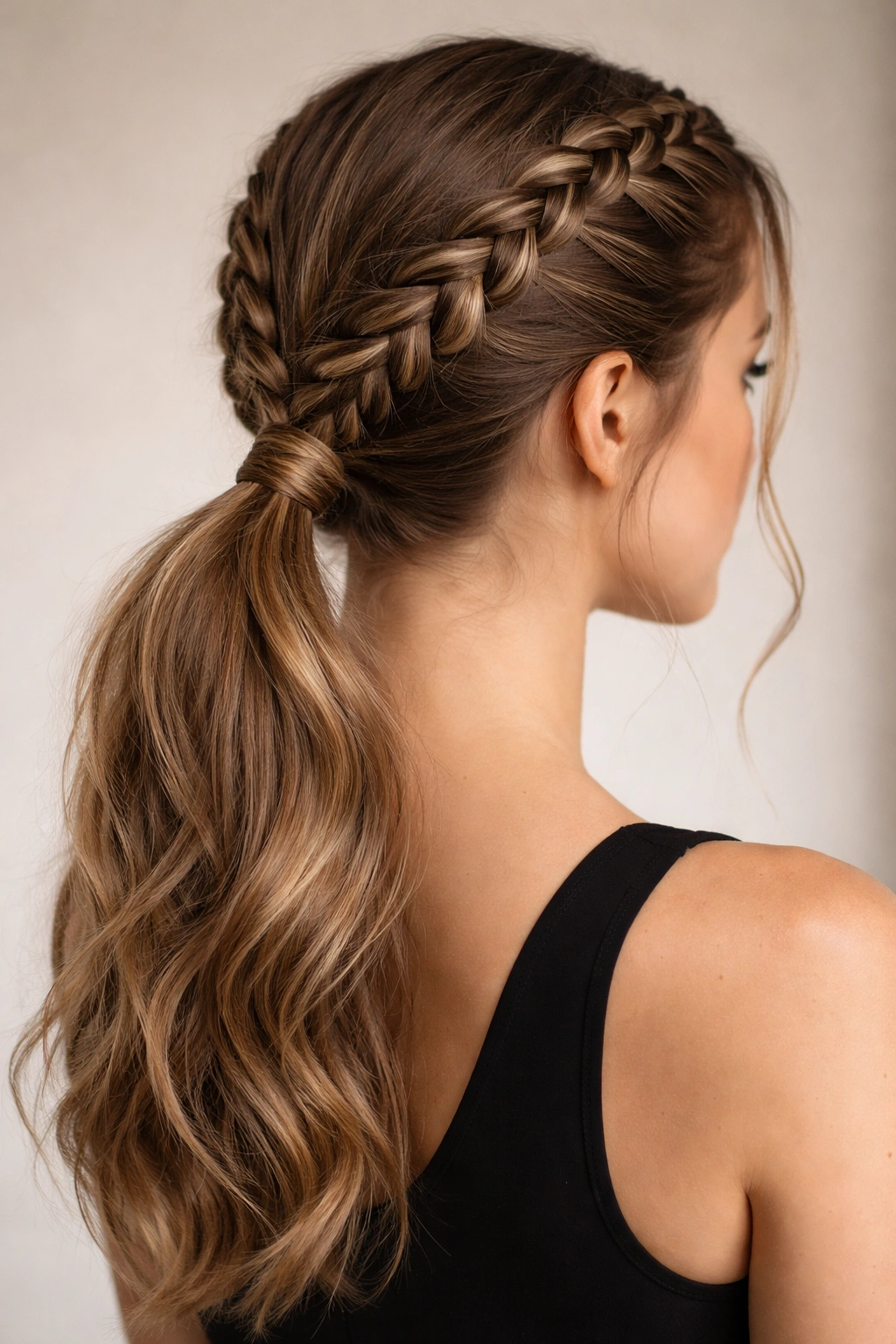 Close-up of a person with two Dutch braids ending above a low nape ponytail