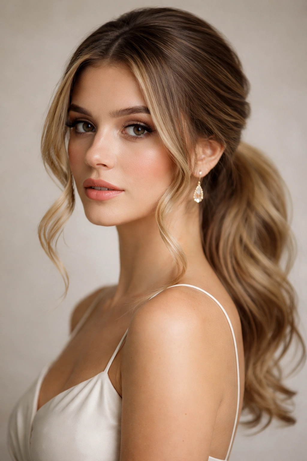 Low ponytail with intentional face-framing pieces curling around the face