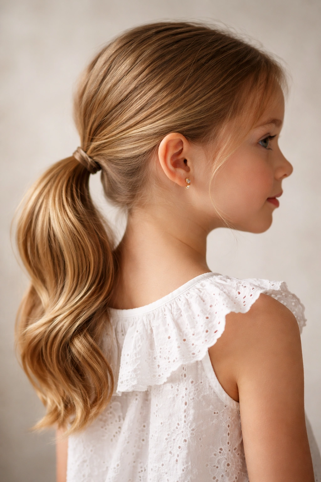 Neat low ponytail at the nape of the neck