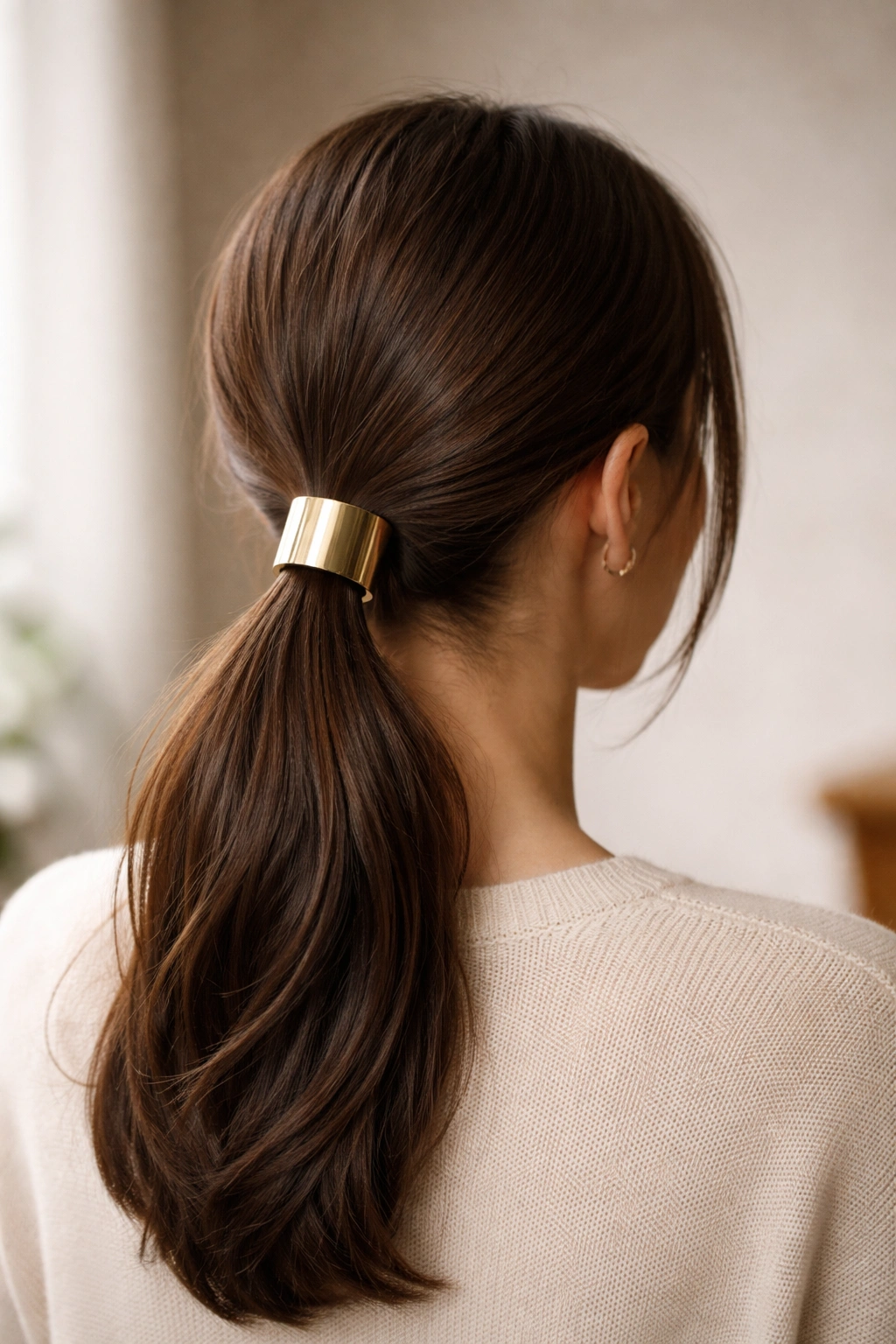Back view of a low ponytail with a metallic hair cuff at the base
