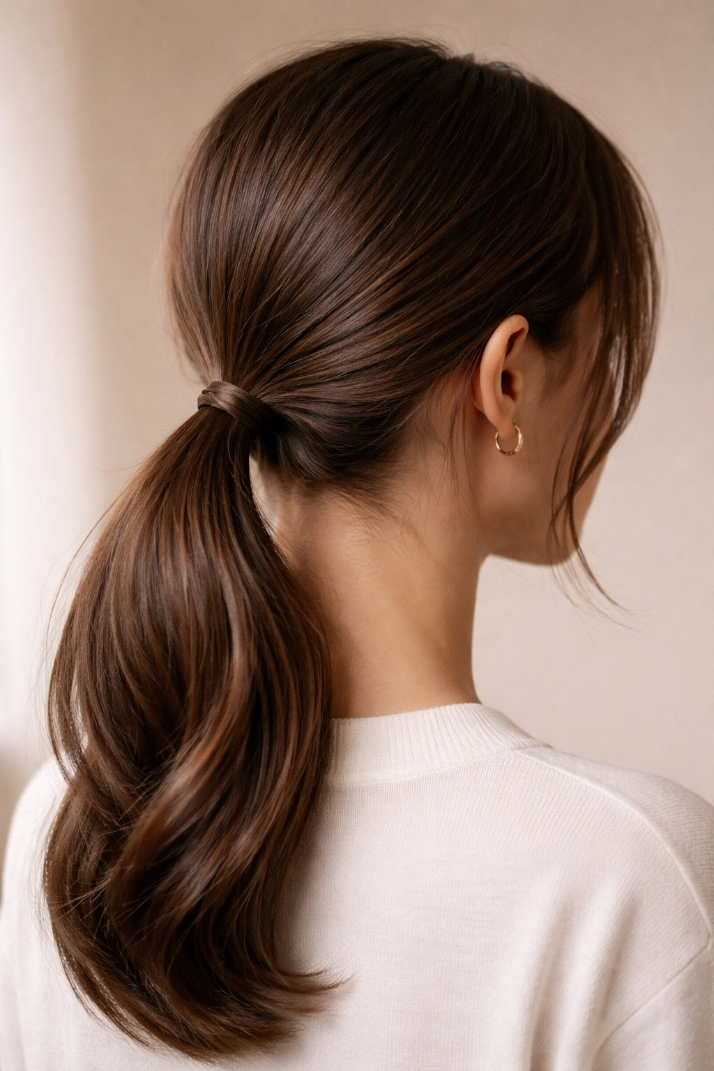 Low ponytail secured at the nape of the neck with smooth hair