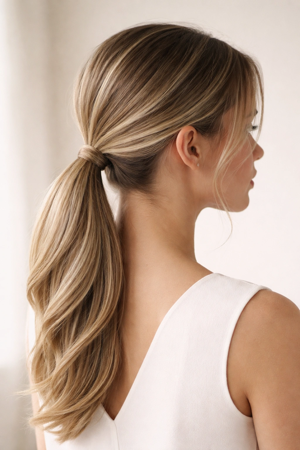 Low ponytail at the nape with layered texture