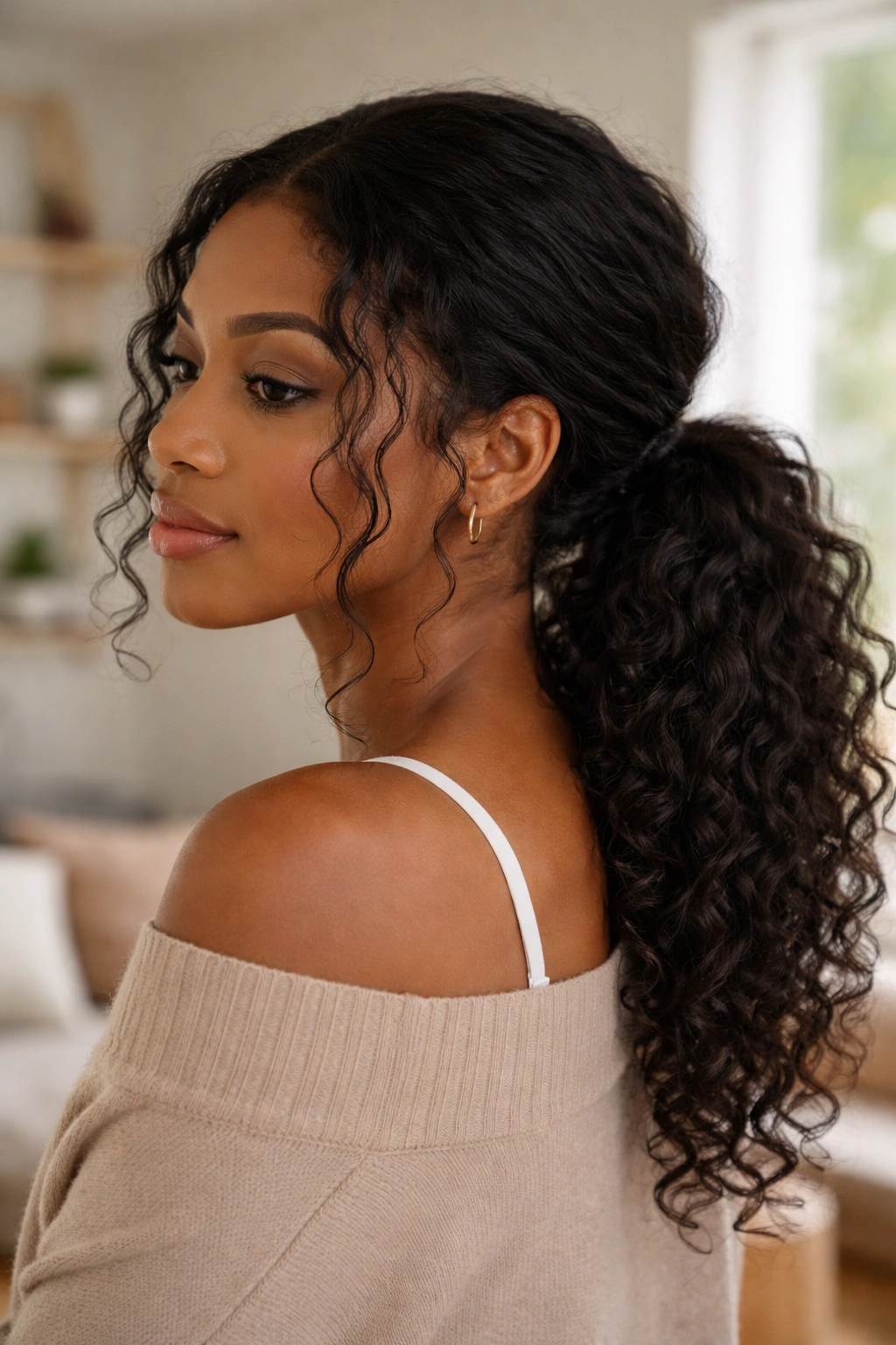 Low, loose curly ponytail at the nape with face-framing curls