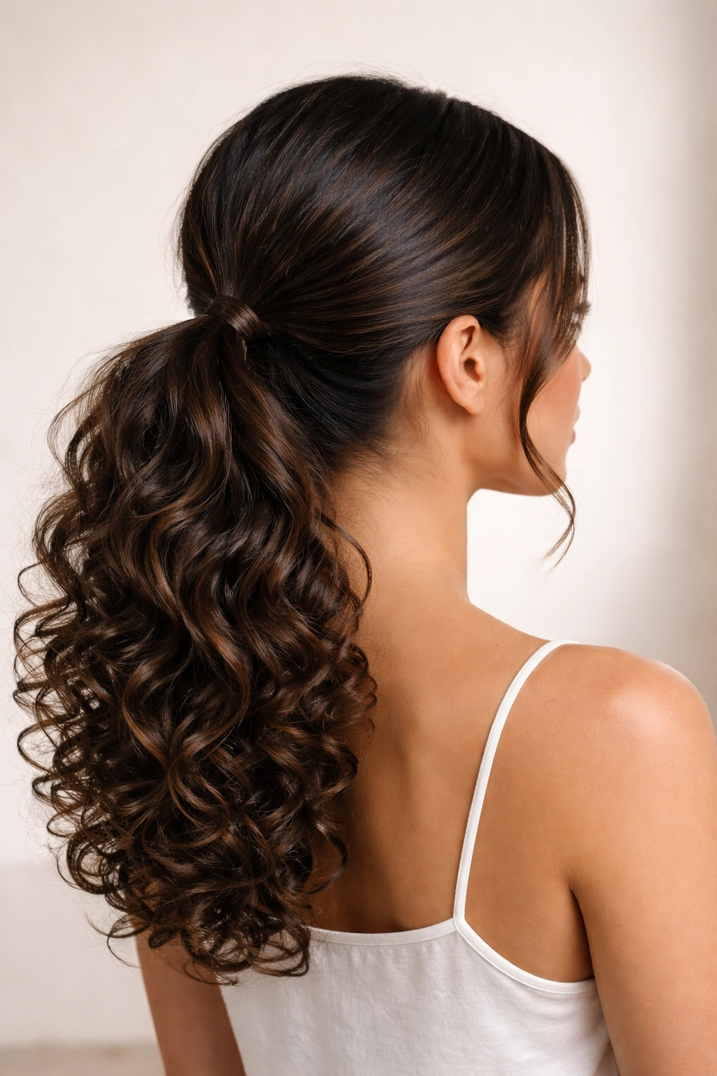 Low middle-part ponytail with bouncy curls at the nape