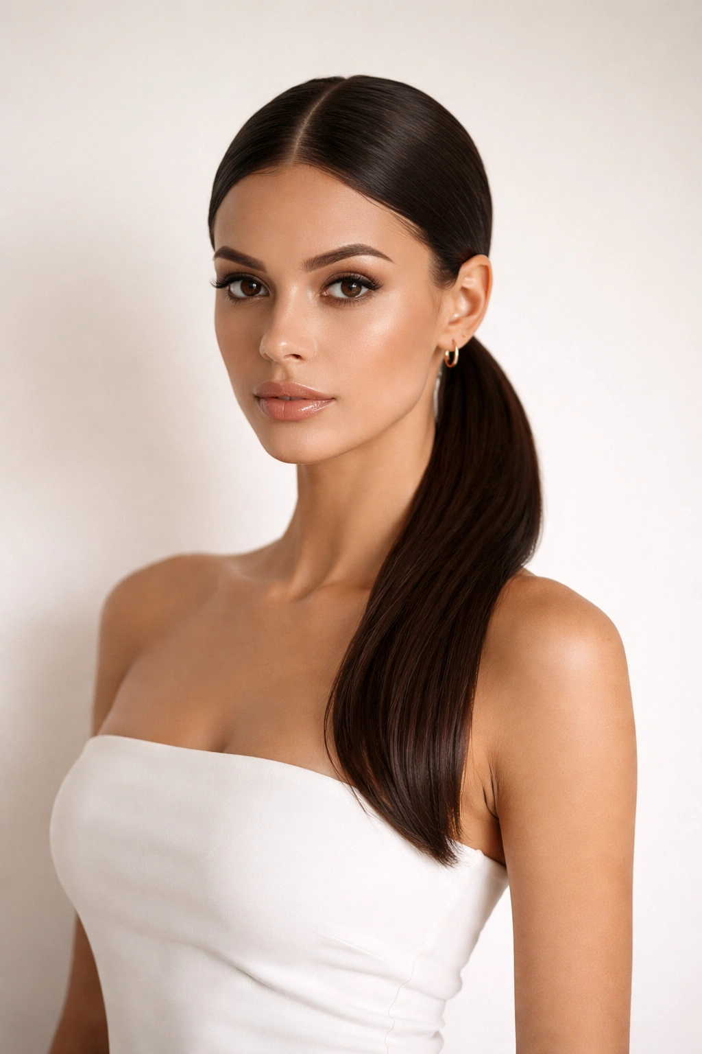 Front view of low sleek ponytail with dramatic middle part
