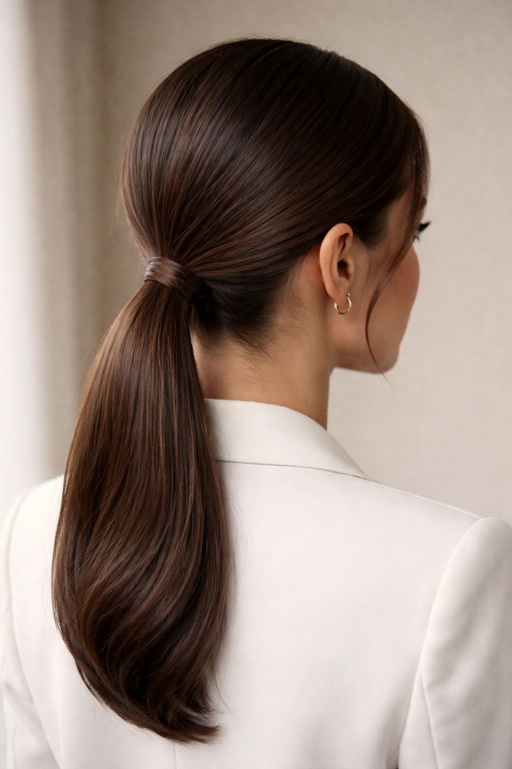 Back view of a sleek low ponytail at the nape of the neck