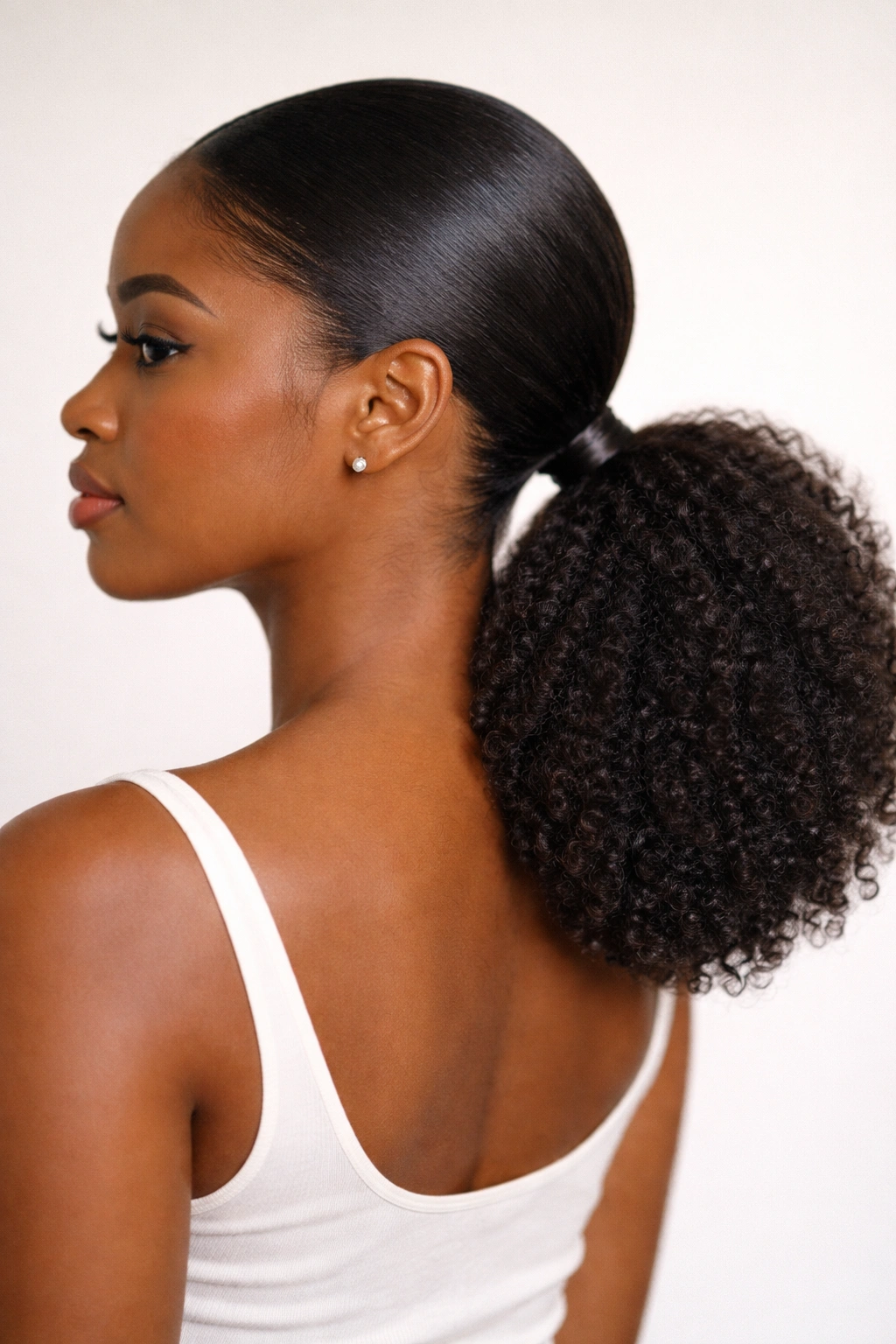 Sleek low ponytail with puffed ends and visible 4C curls