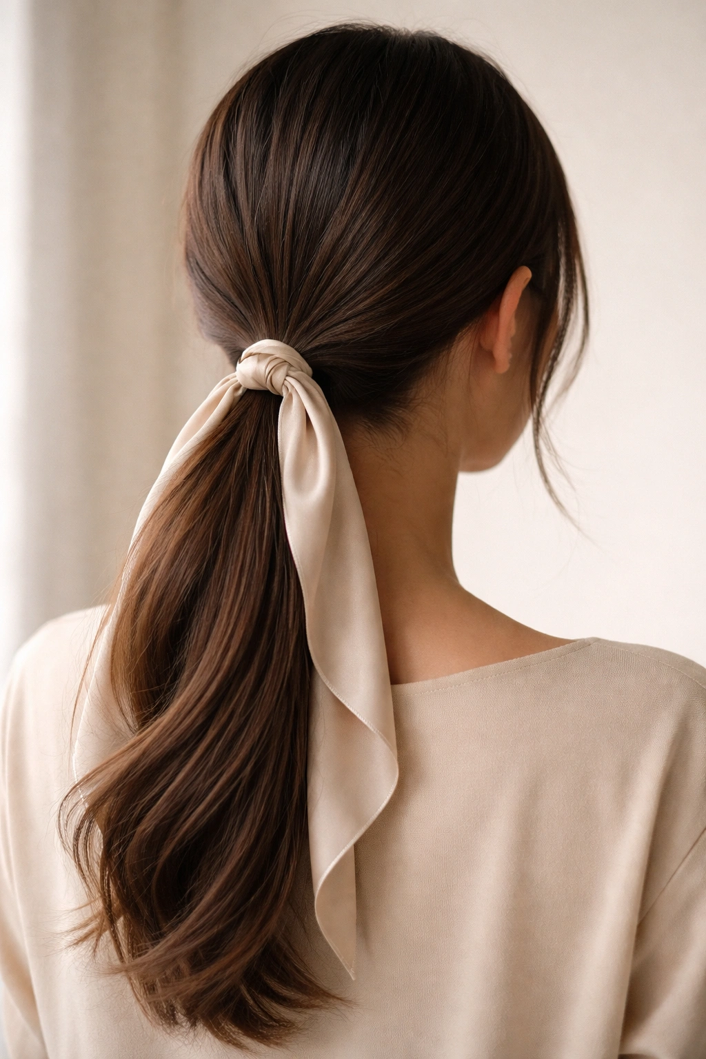 Close-up of a low ponytail wrapped with a silky ribbon at the nape