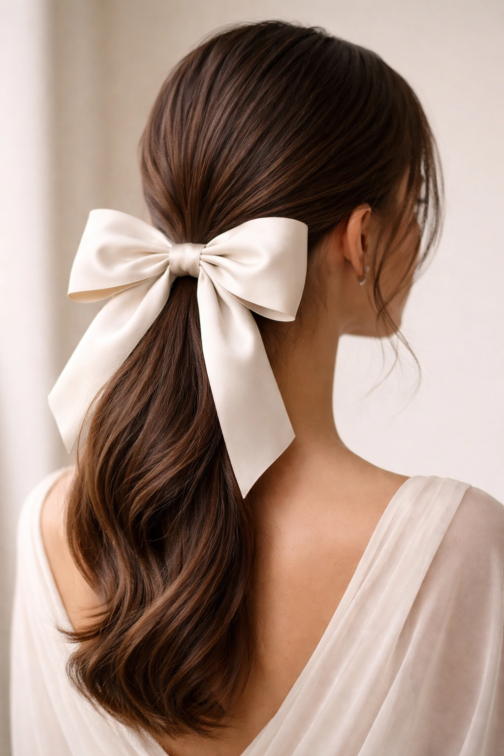 Low ponytail at the nape with a large ribbon bow.