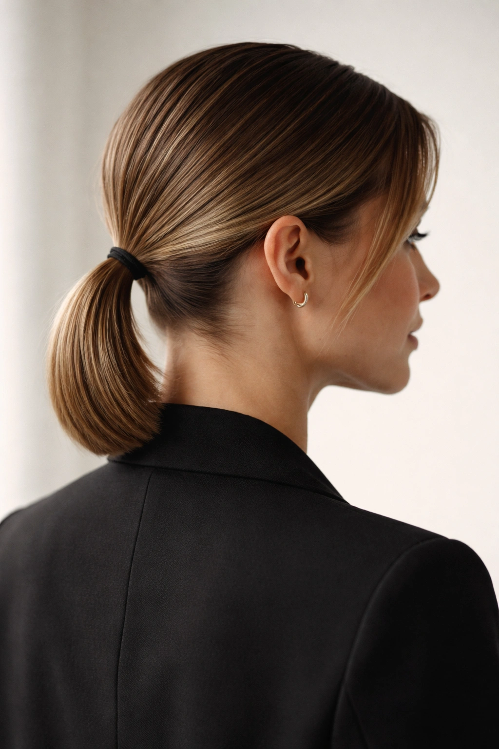 Back/side view of a short-haired person with a sleek low ponytail at the nape
