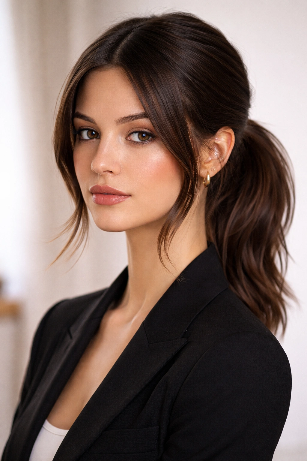 Profile or three-quarter view of low ponytail with face-framing side shag