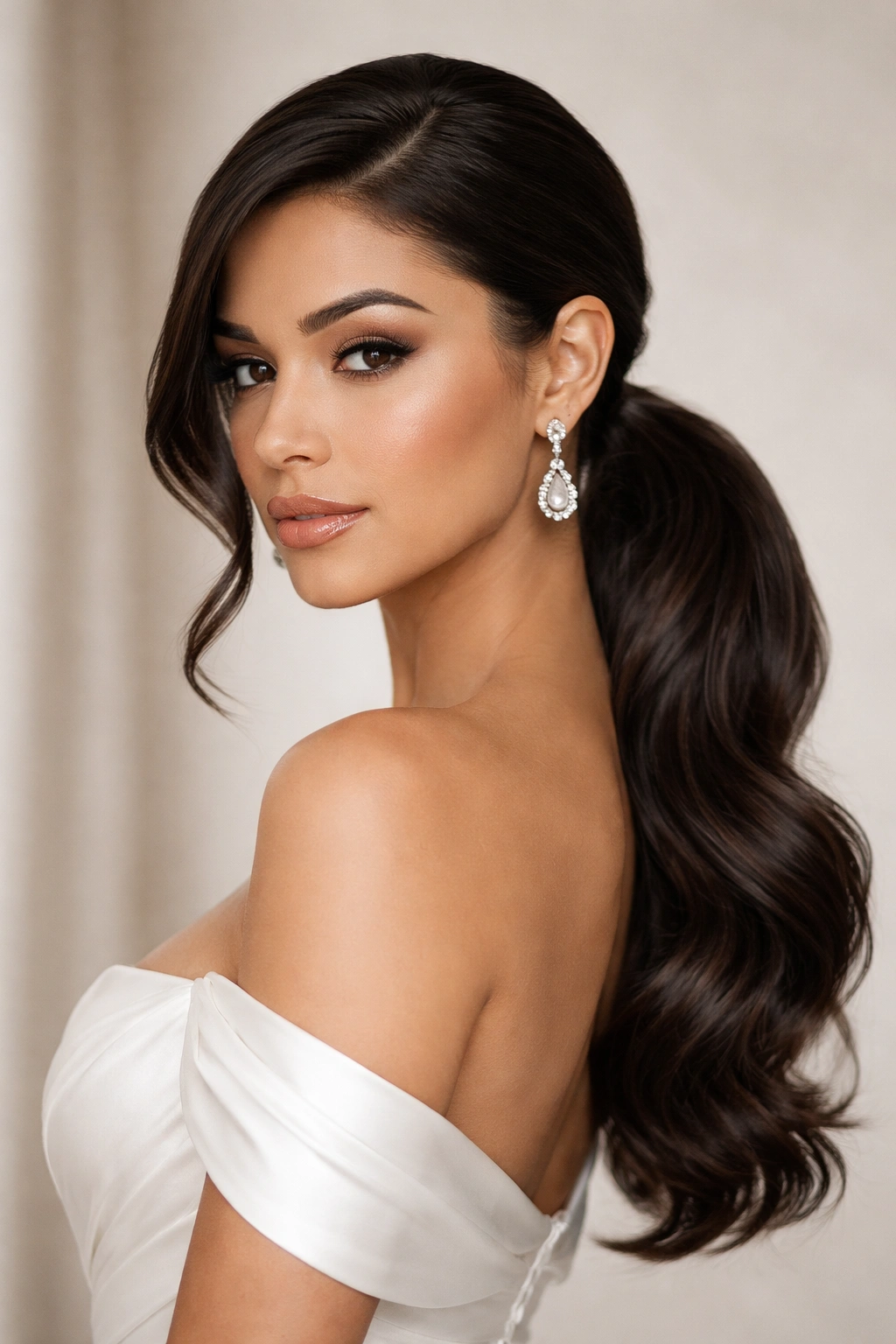 Sleek low side-swept ponytail with side part