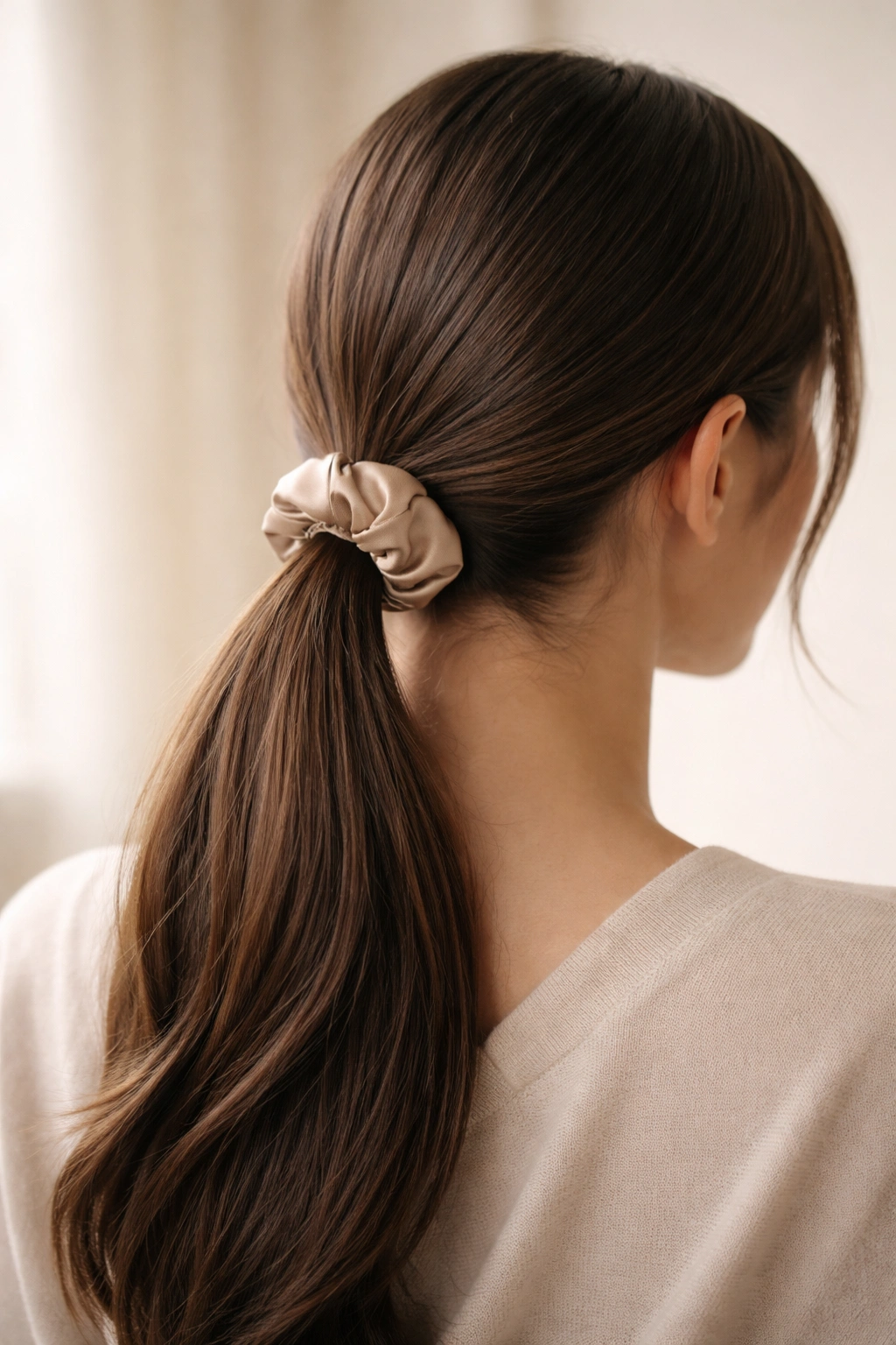 Close-up of a sleek low ponytail secured with a silk scrunchie on straight hair