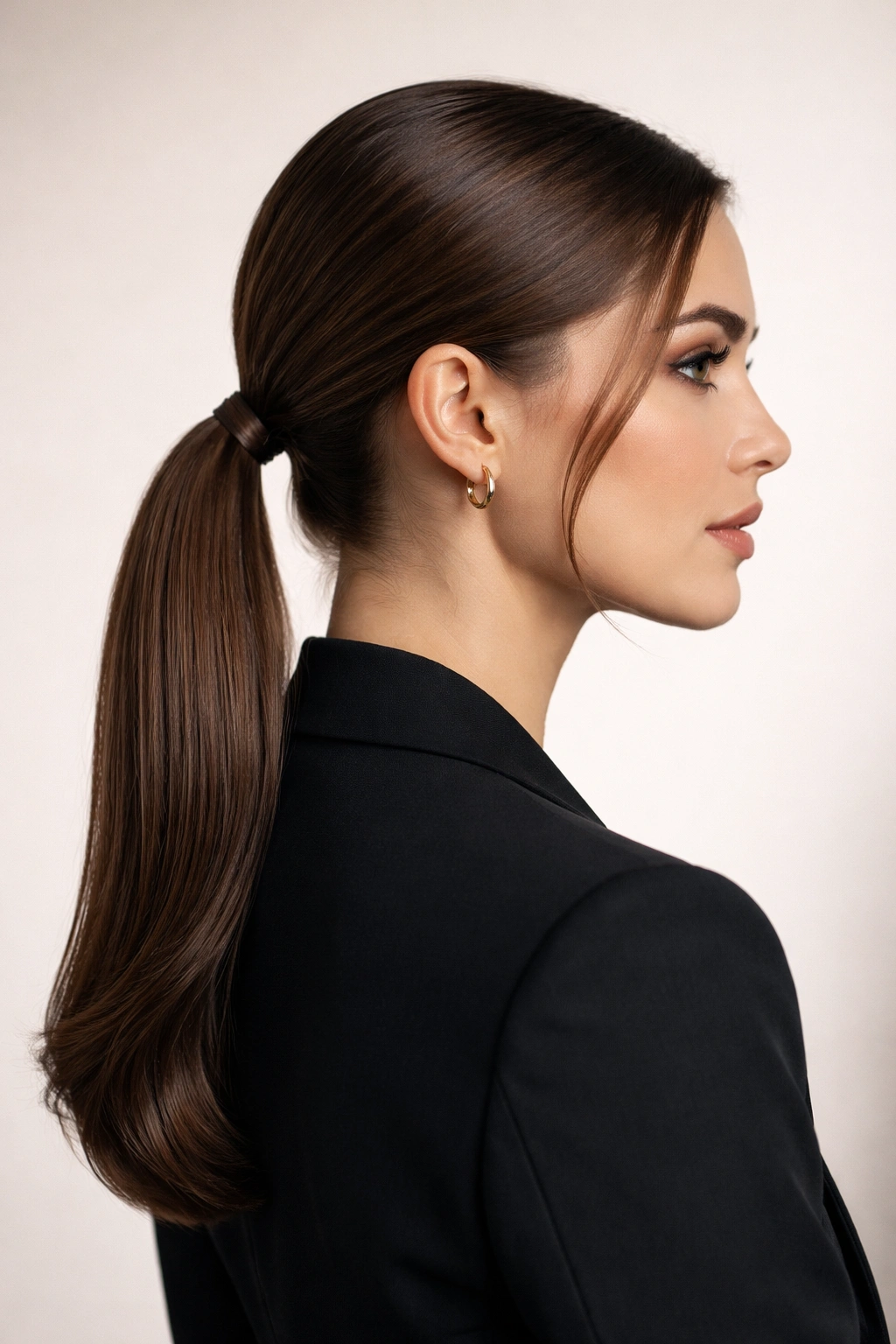 Sleek low ponytail on a professional model