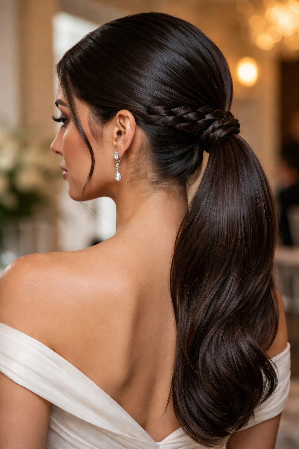 Low sleek ponytail with a subtle accent braid at the base