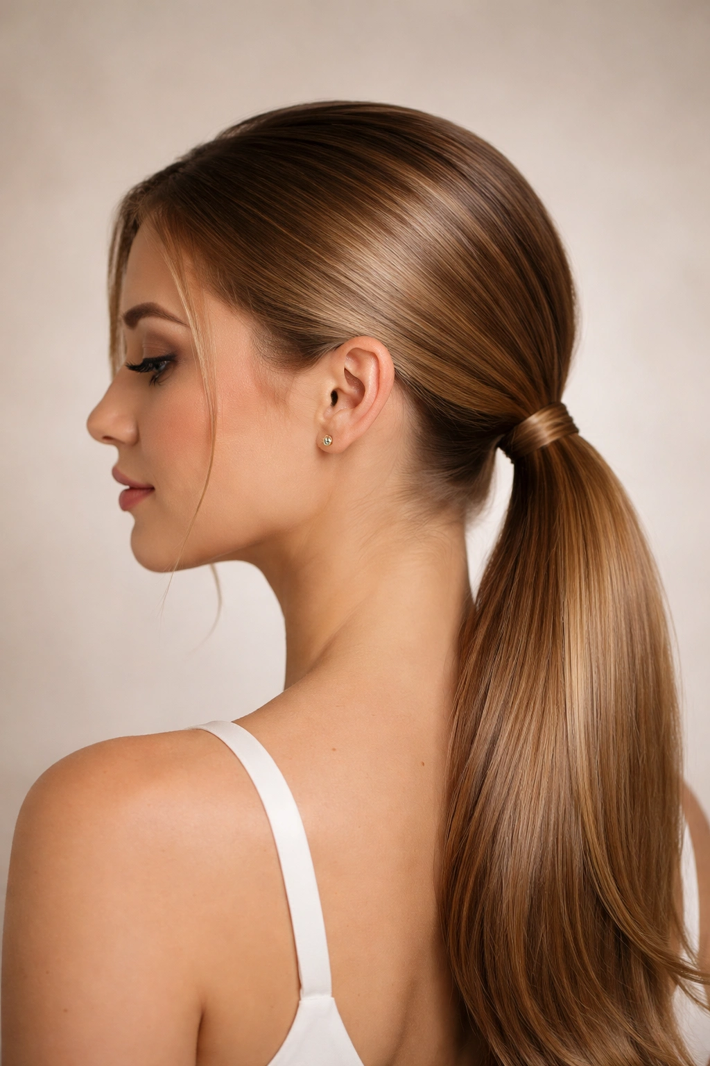 Close-up of a low, sleek ponytail below the ear with polished finish