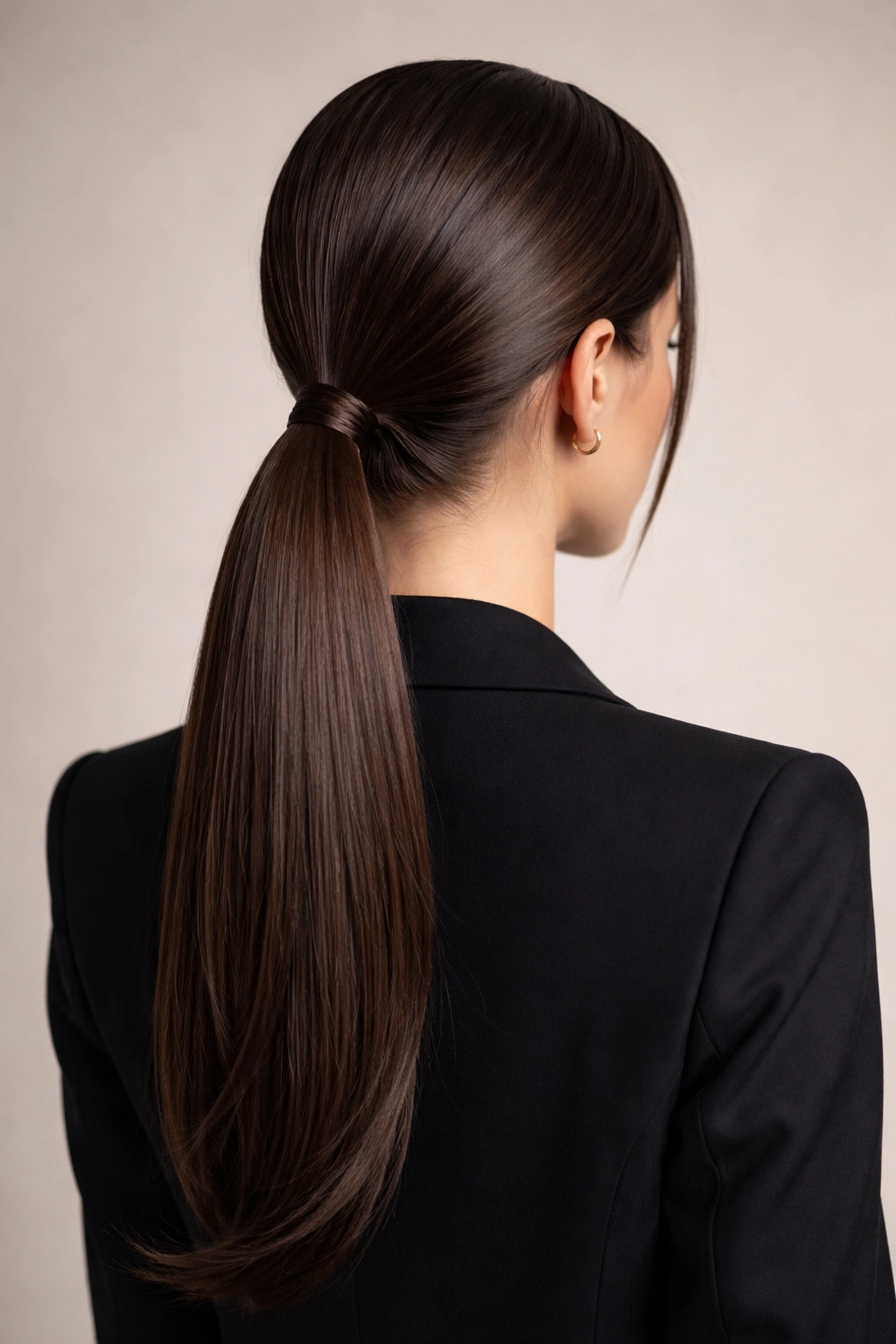 Back view of a low sleek ponytail at the nape with glossy hair